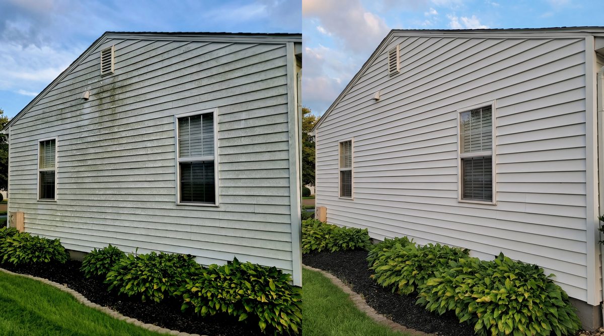 Before and after exterior cleaning showing restored curb appeal